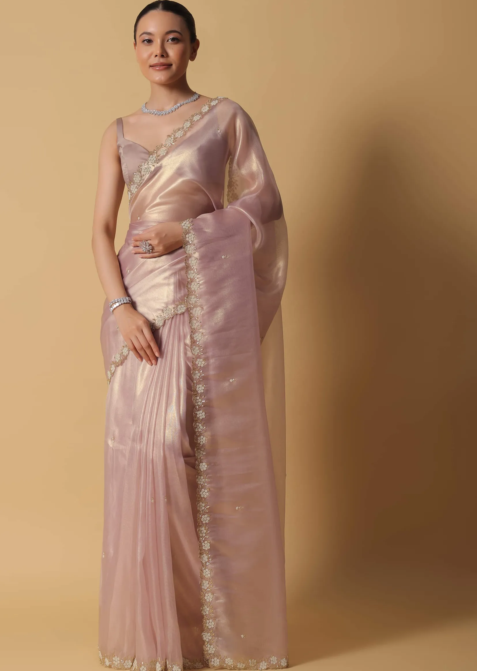 Copper Brown Foil Saree In Tissue With Cut Dana Embroidered Borders