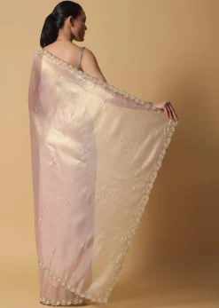 Copper Brown Foil Saree In Tissue With Cut Dana Embroidered Borders