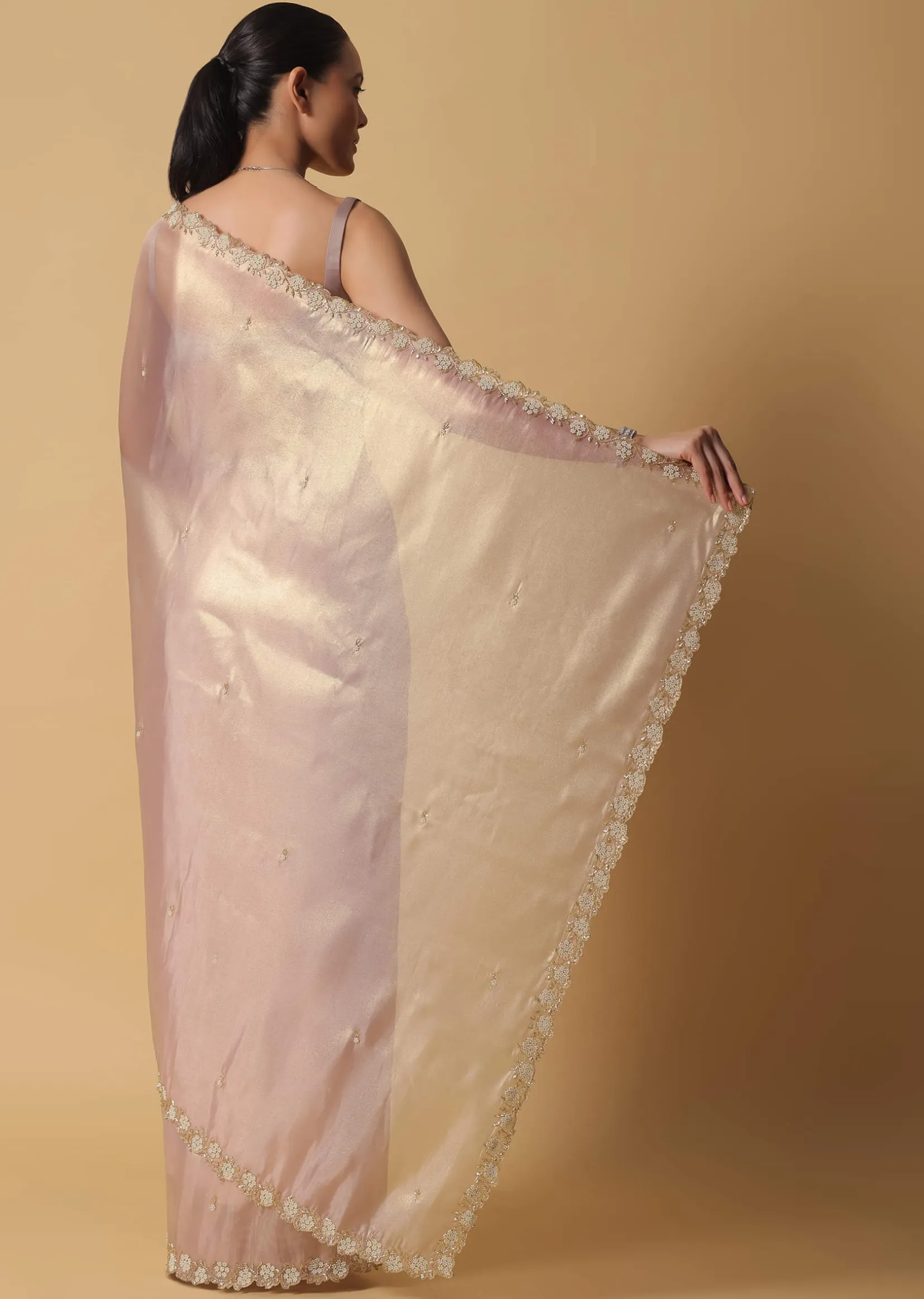 Copper Brown Foil Saree In Tissue With Cut Dana Embroidered Borders