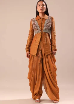 Copper Brown Kurta With Embroidered Jacket And Dhoti