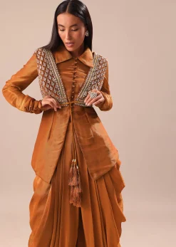 Copper Brown Kurta With Embroidered Jacket And Dhoti