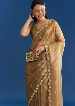 Copper Brown Organza Tissue Saree With Beaded Border