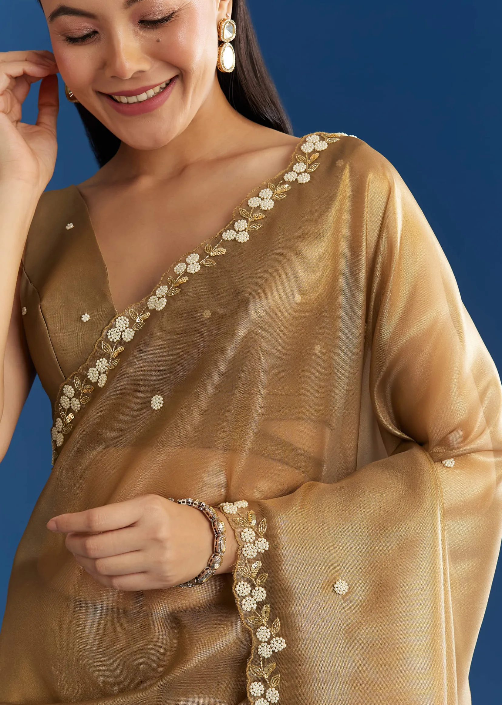 Copper Brown Organza Tissue Saree With Beaded Border