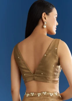 Copper Brown Organza Tissue Saree With Beaded Border