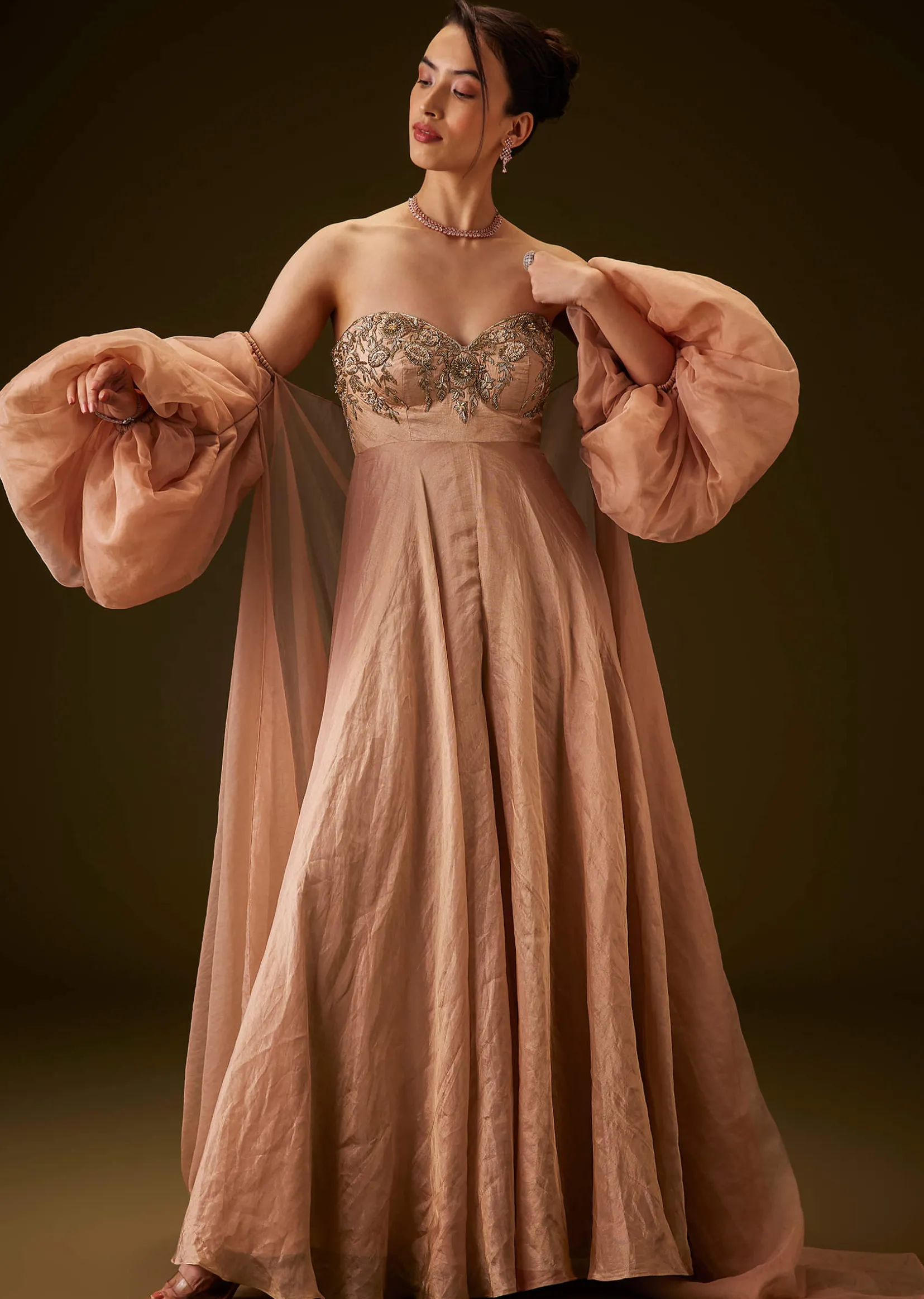 Copper Embroidered Bodice Jumpsuit With Puff Sleeve Jacket