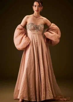 Copper Embroidered Bodice Jumpsuit With Puff Sleeve Jacket