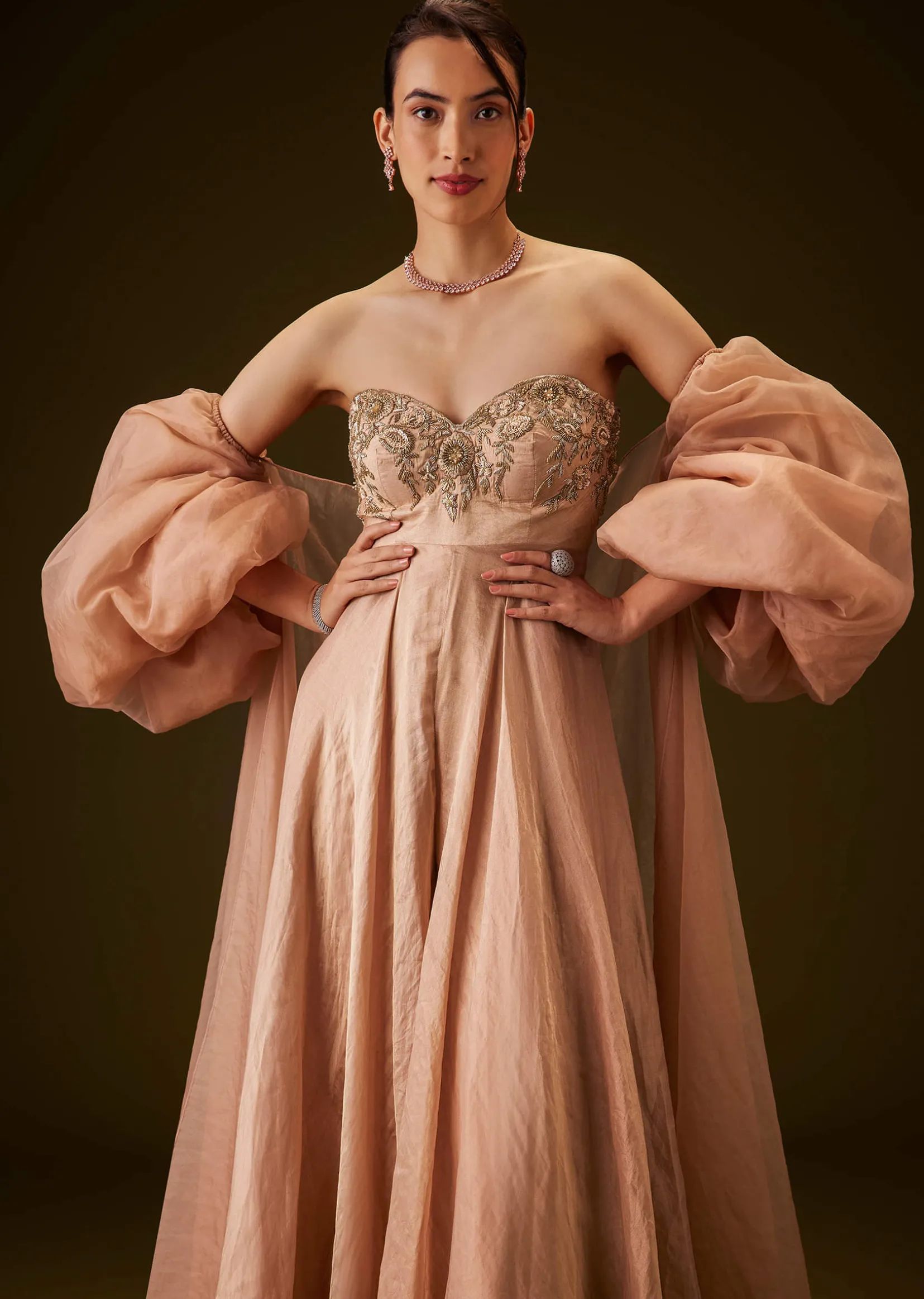Copper Embroidered Bodice Jumpsuit With Puff Sleeve Jacket