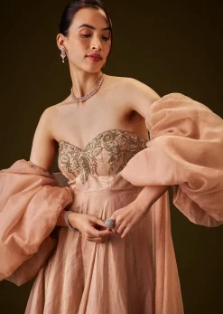 Copper Embroidered Bodice Jumpsuit With Puff Sleeve Jacket