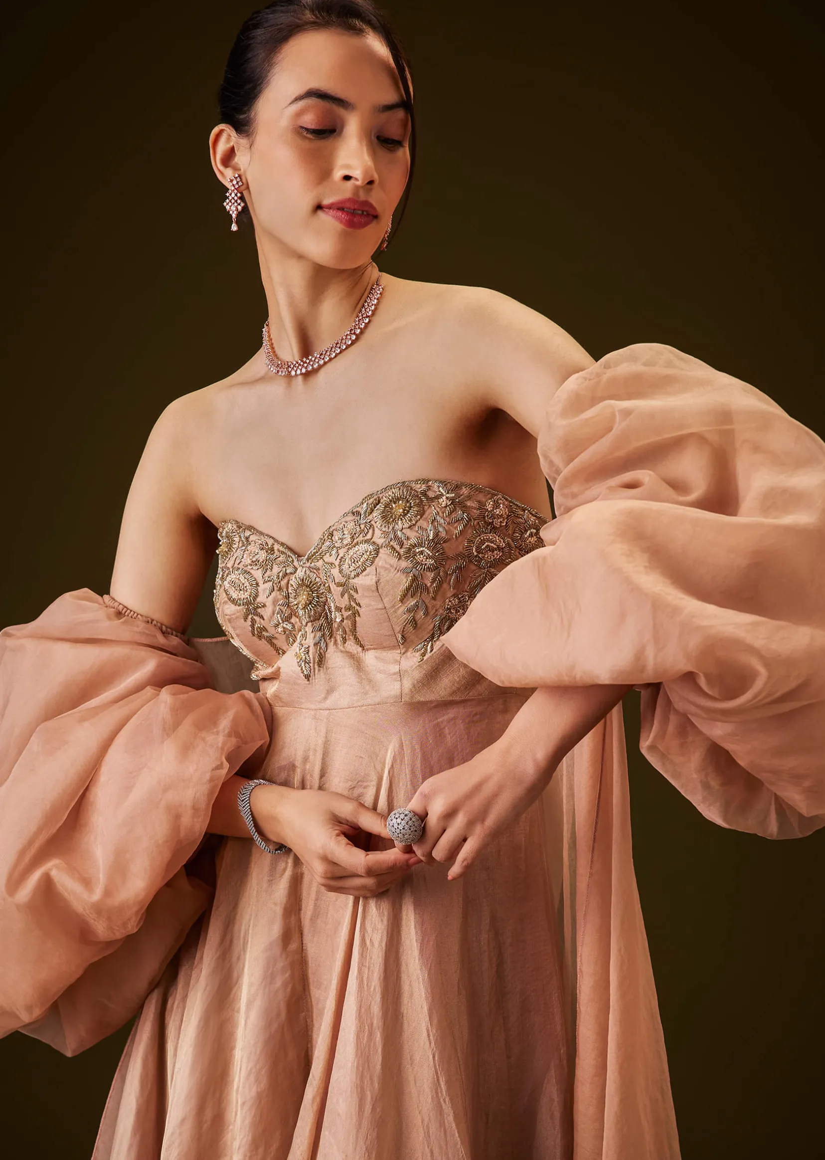 Copper Embroidered Bodice Jumpsuit With Puff Sleeve Jacket