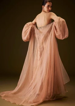 Copper Embroidered Bodice Jumpsuit With Puff Sleeve Jacket