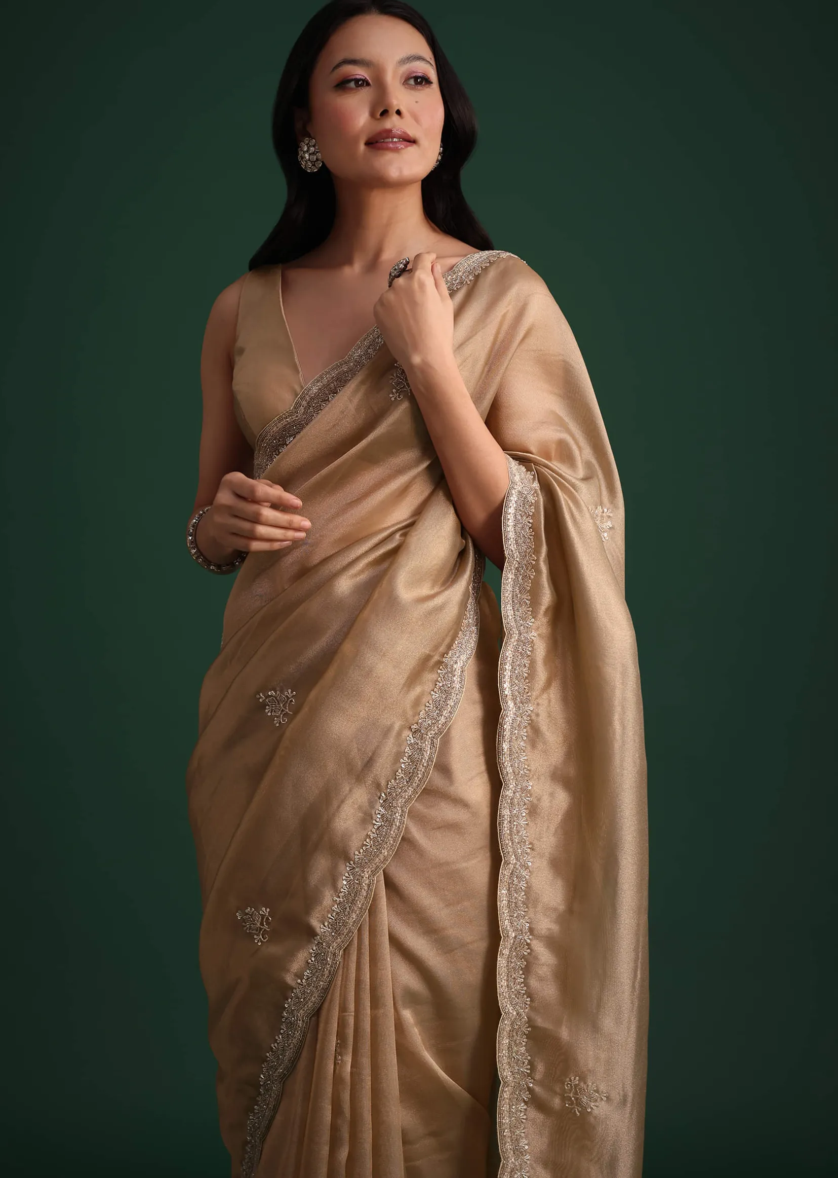 Copper Tissue Saree With Cutdana And Stone Embroidery