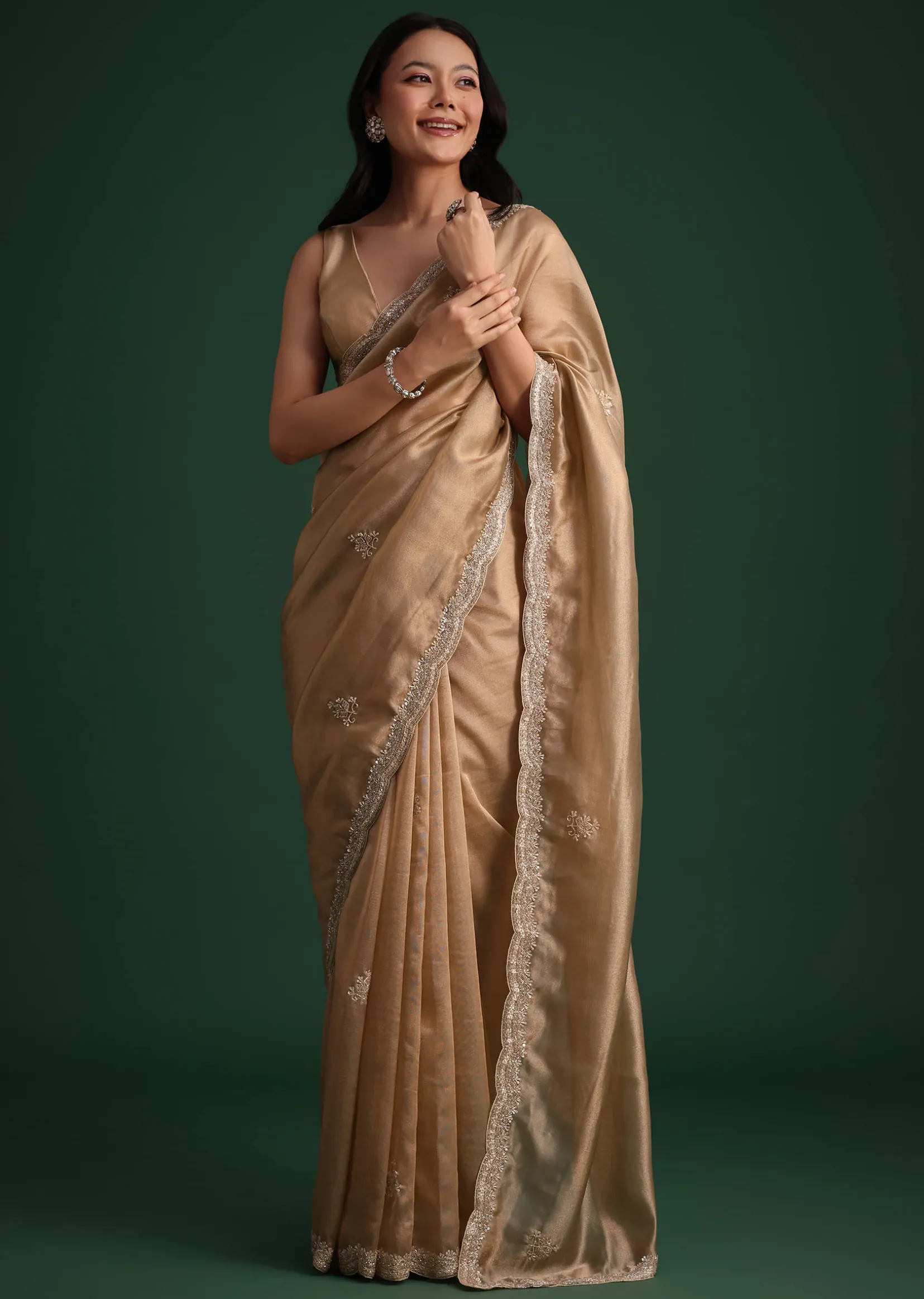 Copper Tissue Saree With Cutdana And Stone Embroidery