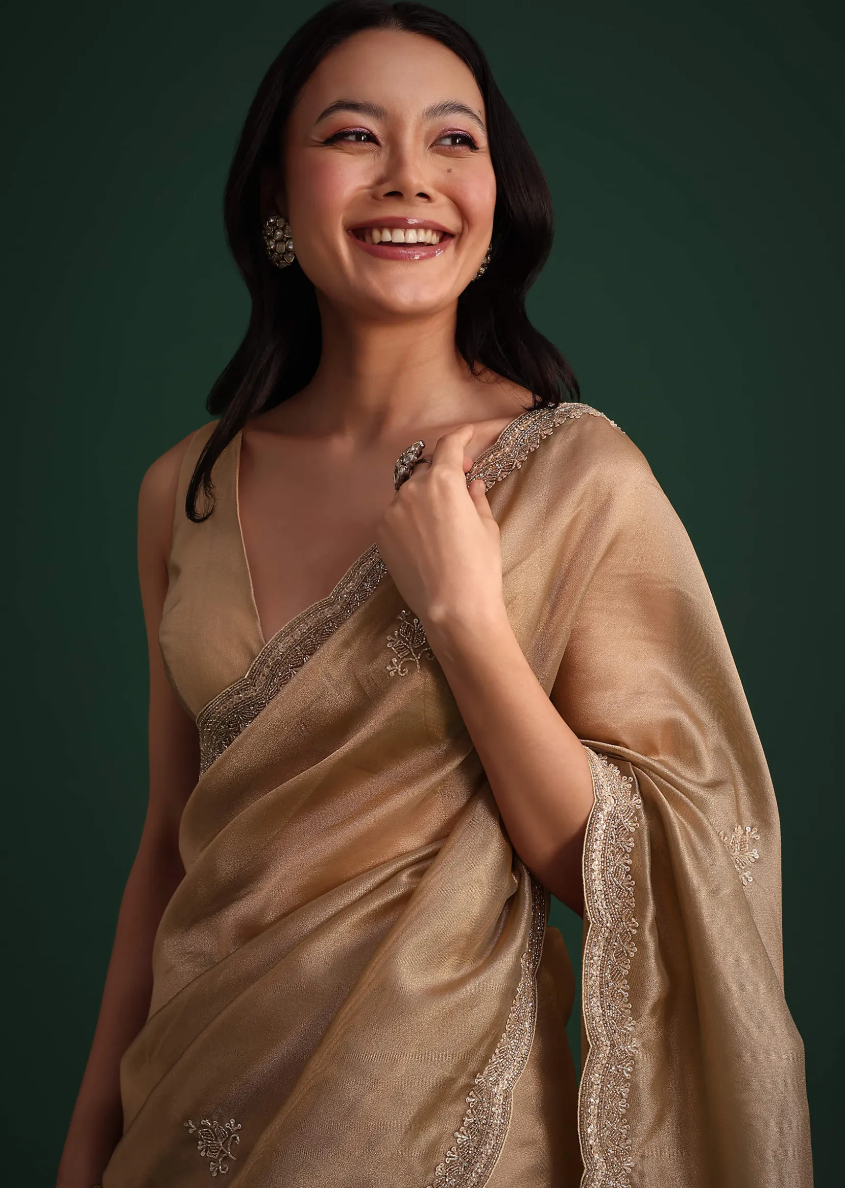 Copper Tissue Saree With Cutdana And Stone Embroidery