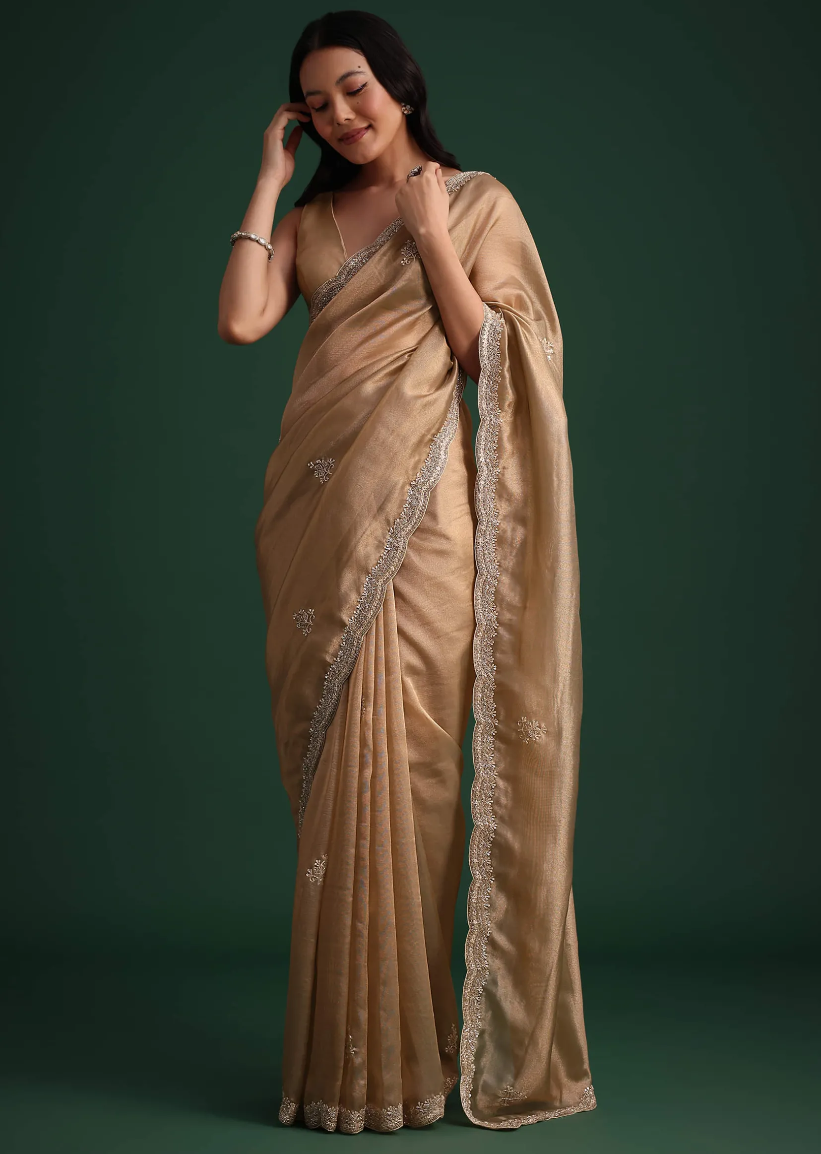 Copper Tissue Saree With Cutdana And Stone Embroidery