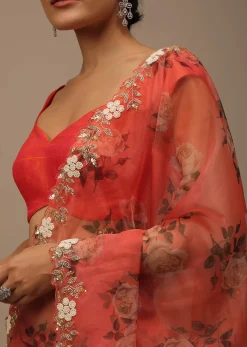Coral Embroidered Saree In Organza With Vibrant Floral Print