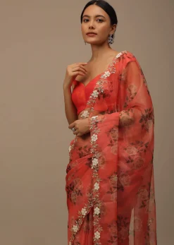 Coral Embroidered Saree In Organza With Vibrant Floral Print