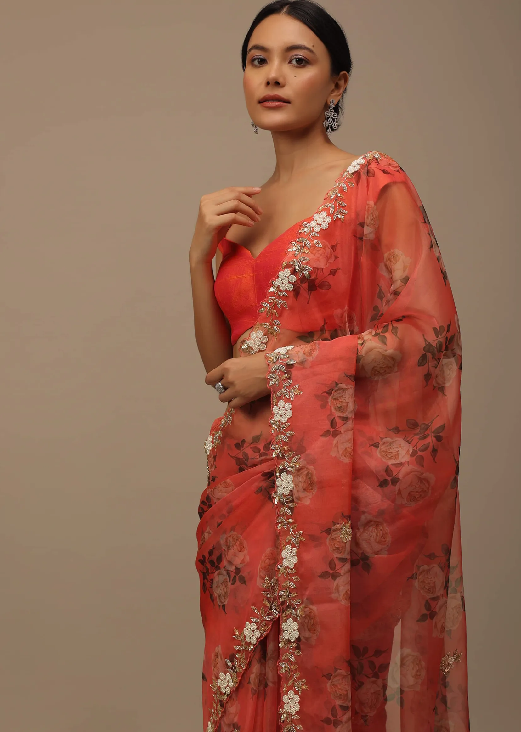 Coral Embroidered Saree In Organza With Vibrant Floral Print