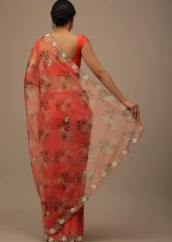 Coral Embroidered Saree In Organza With Vibrant Floral Print