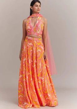 Coral Pink Crepe Abstract Printed Embroidered Palazzo Set