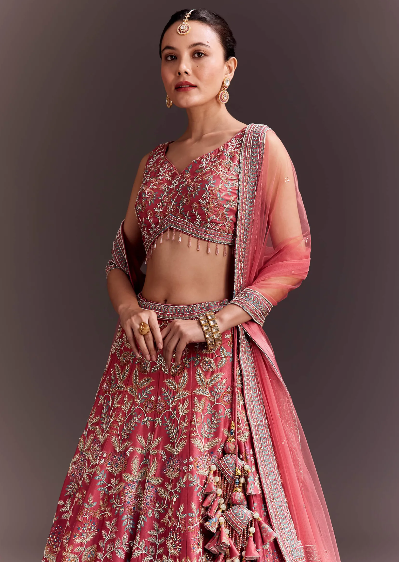 Coral Pink Embroidered Lehenga Set With Net Dupatta