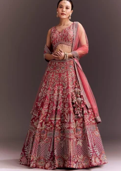 Coral Pink Embroidered Lehenga Set With Net Dupatta