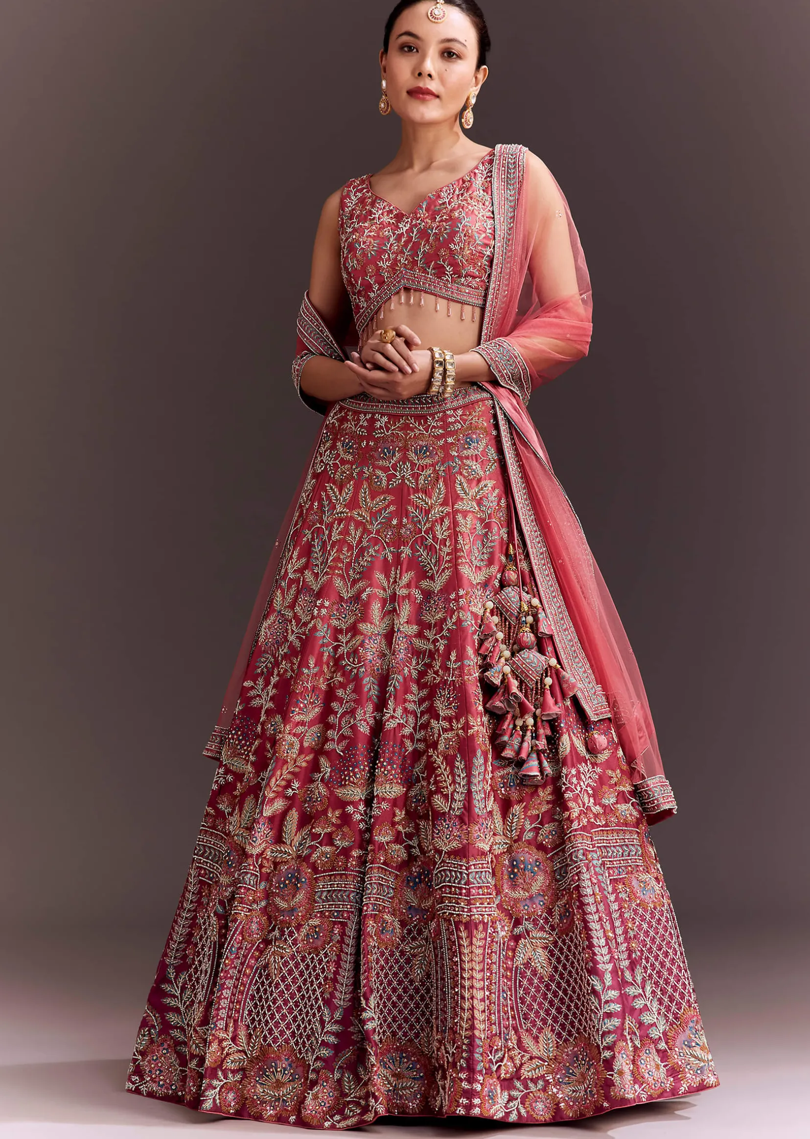 Coral Pink Embroidered Lehenga Set With Net Dupatta