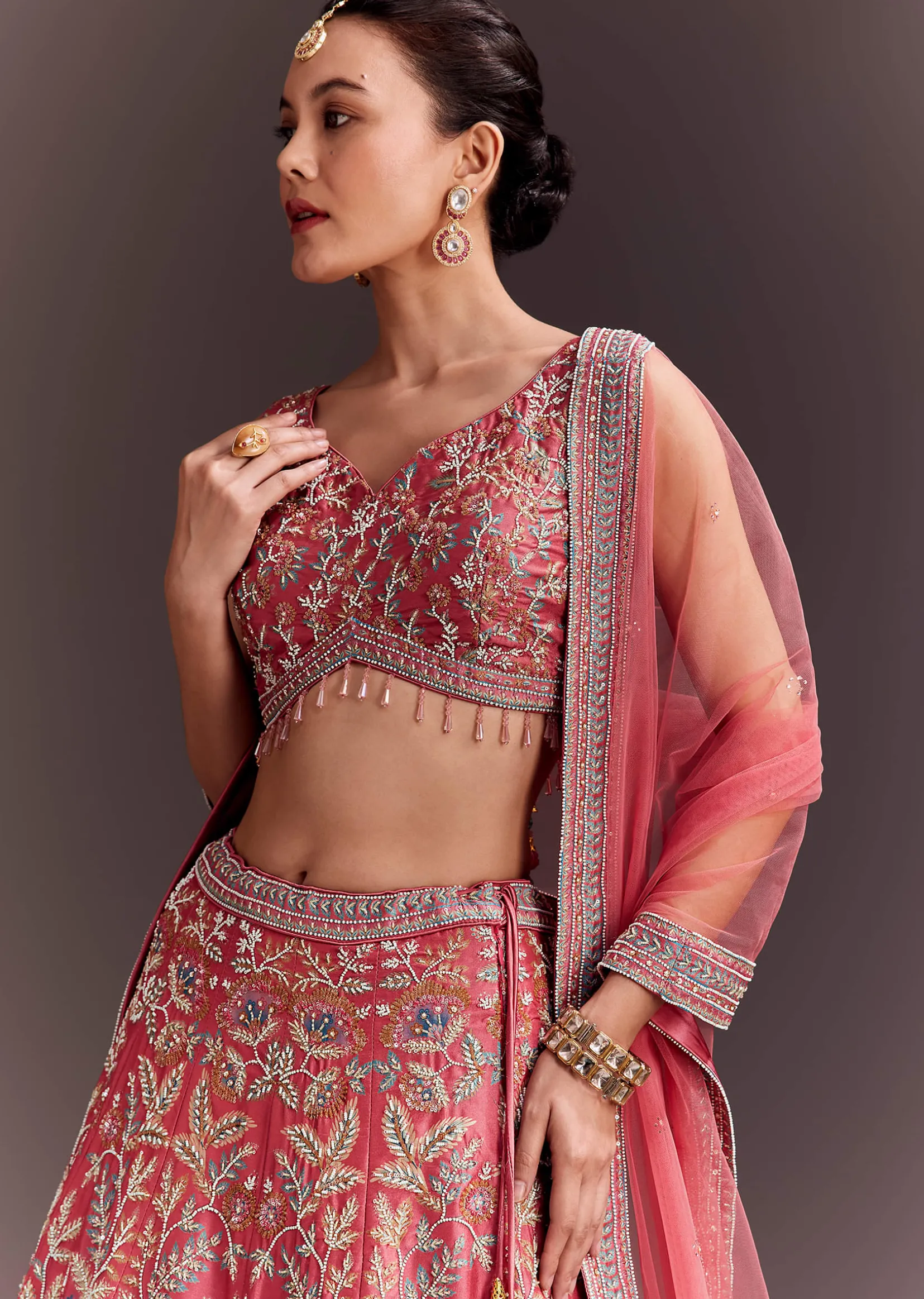 Coral Pink Embroidered Lehenga Set With Net Dupatta
