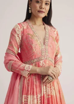 Coral Pink Printed Anarkali With Organza Dupatta