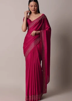Coral Saree In Satin With Gold Embellishments And Unstitched Blouse Piece