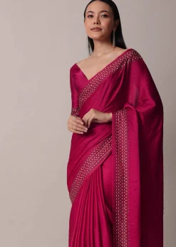 Coral Saree In Satin With Gold Embellishments And Unstitched Blouse Piece