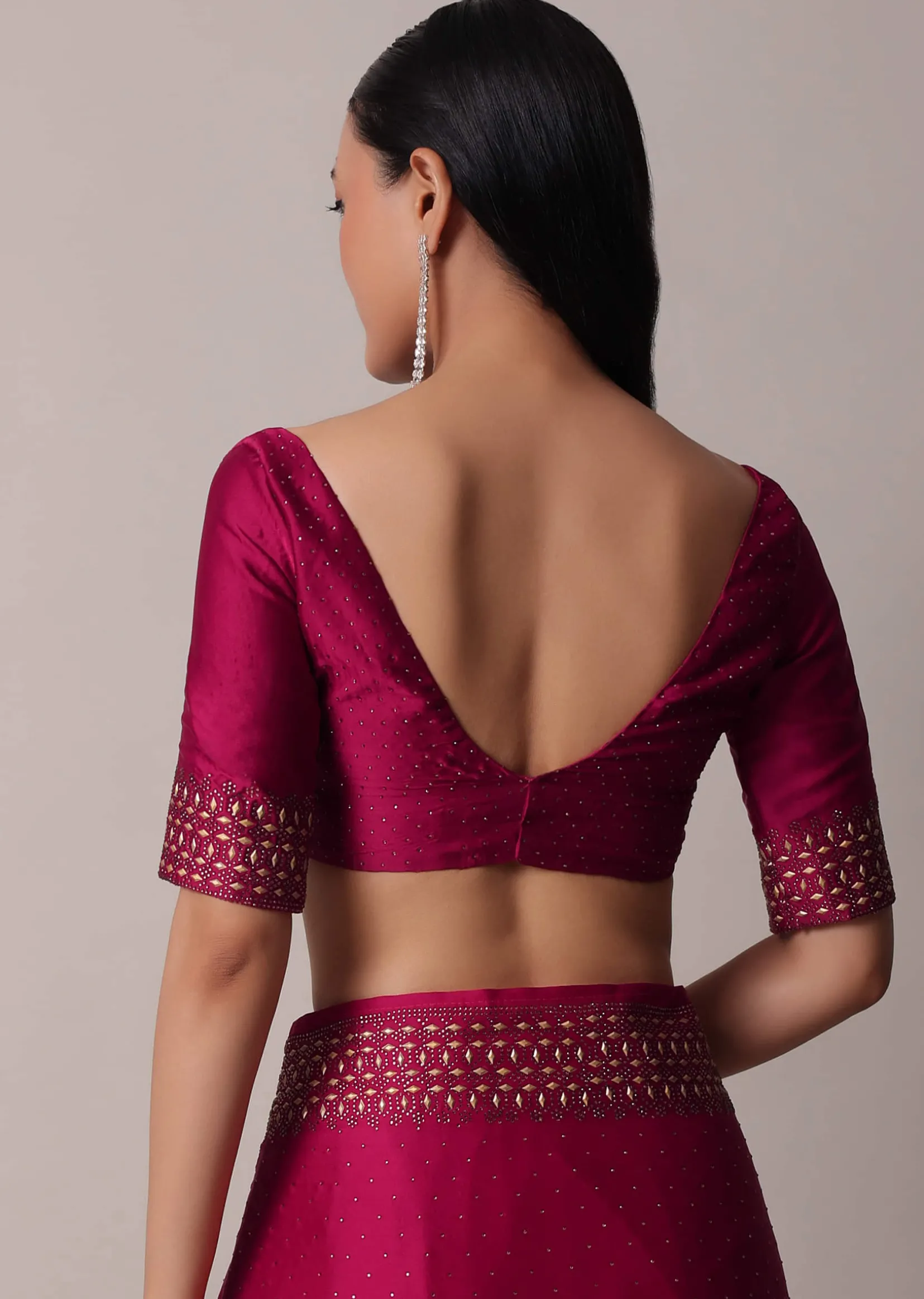 Coral Saree In Satin With Gold Embellishments And Unstitched Blouse Piece