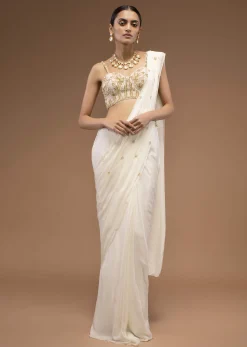 Cotton White Ready To Wear Saree With A Crop Top Set In Cut Dana Embroidery, Paired With The Spaghetti Straps With A Corset Neckline
