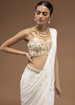 Cotton White Ready To Wear Saree With A Crop Top Set In Cut Dana Embroidery, Paired With The Spaghetti Straps With A Corset Neckline