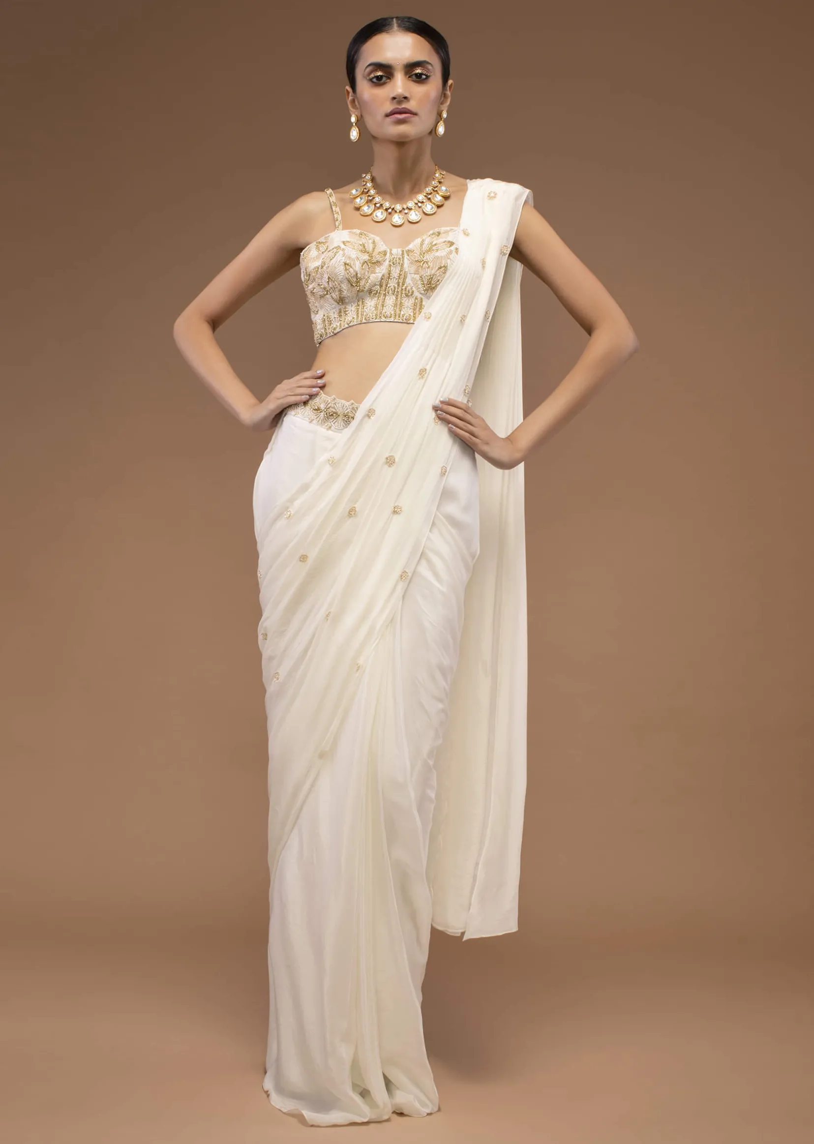 Cotton White Ready To Wear Saree With A Crop Top Set In Cut Dana Embroidery, Paired With The Spaghetti Straps With A Corset Neckline