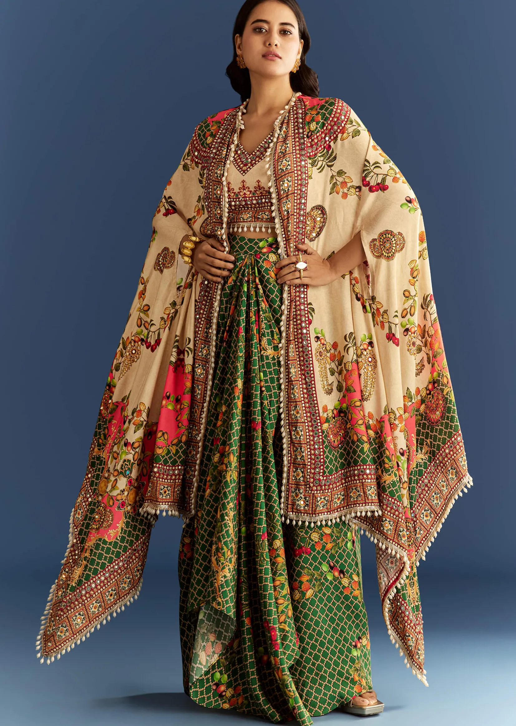 Cream And Green Cotton Muslin Printed Croptop With Printed Skirt And Cape