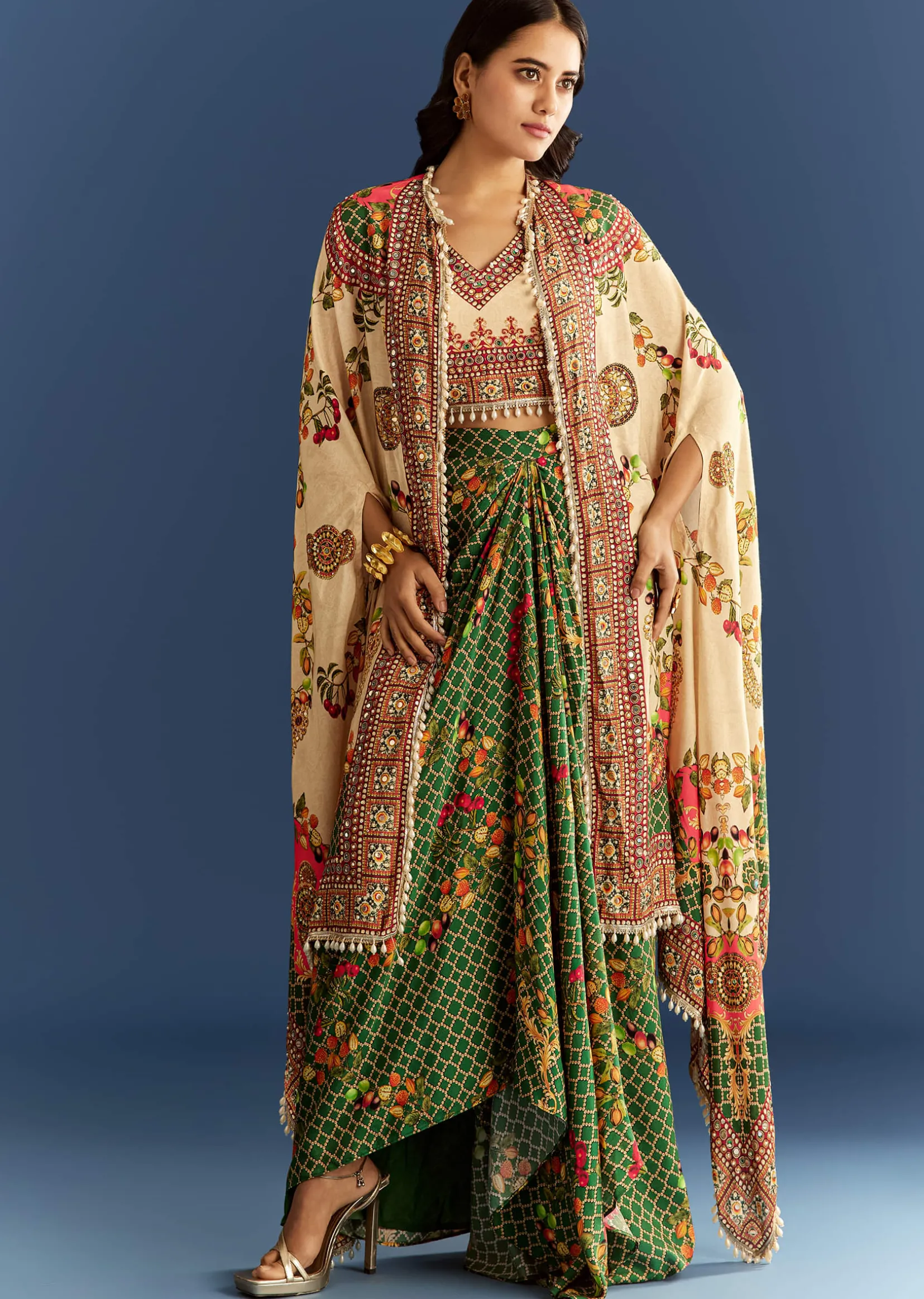 Cream And Green Cotton Muslin Printed Croptop With Printed Skirt And Cape