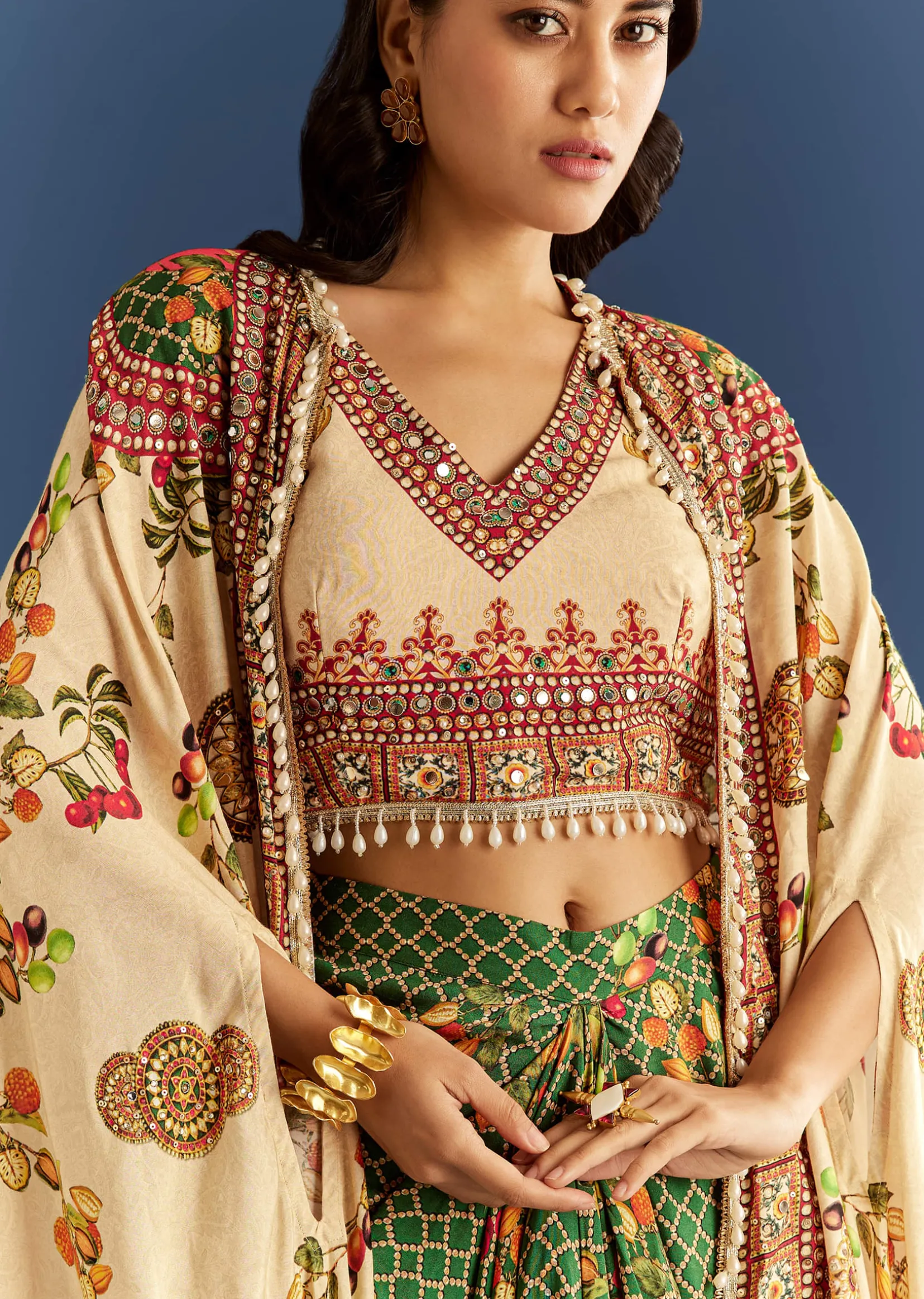 Cream And Green Cotton Muslin Printed Croptop With Printed Skirt And Cape