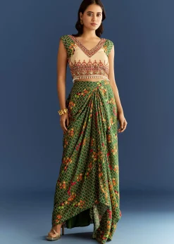 Cream And Green Cotton Muslin Printed Croptop With Printed Skirt And Cape