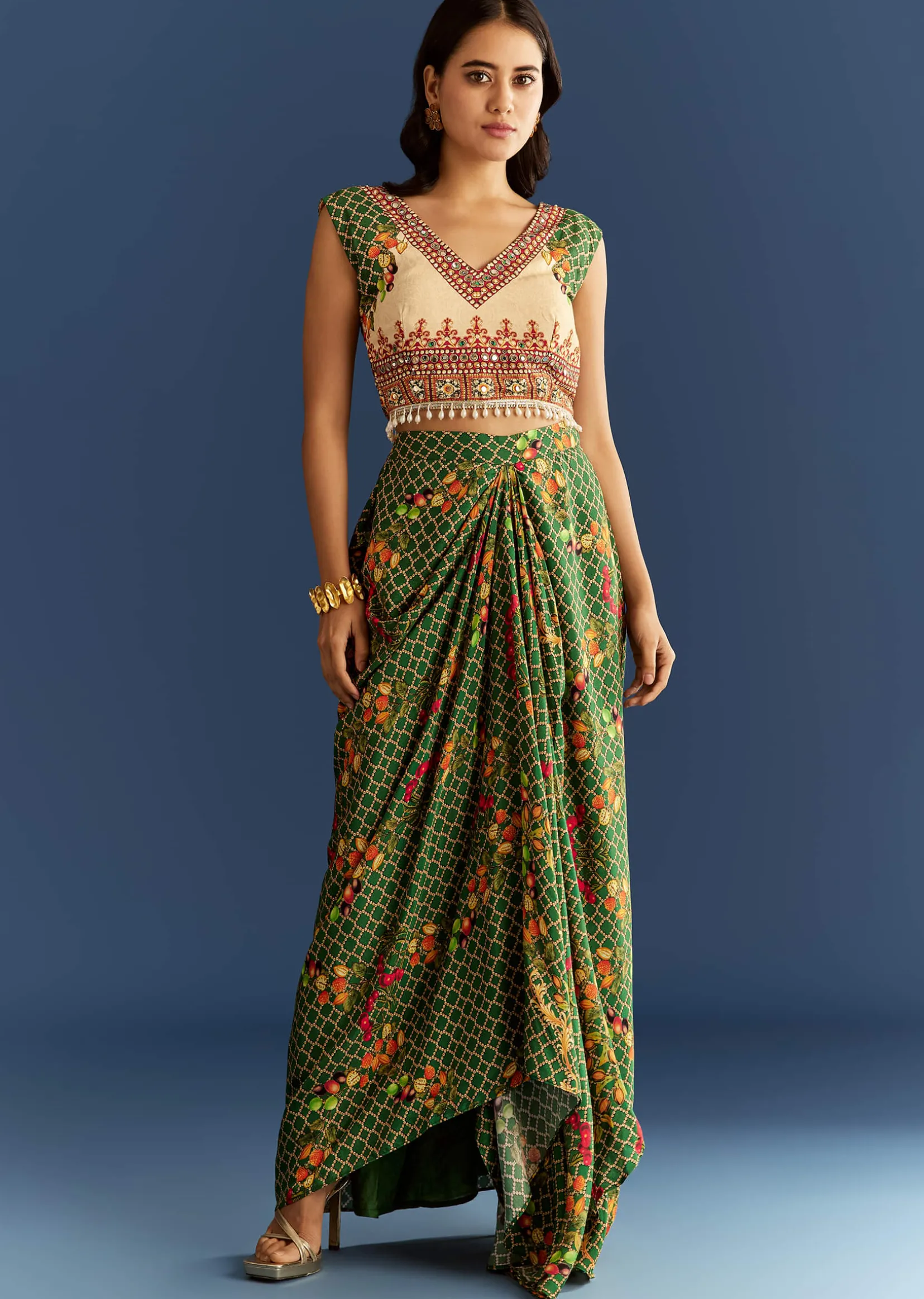 Cream And Green Cotton Muslin Printed Croptop With Printed Skirt And Cape