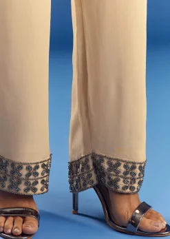 Cream Beaded Kurta Dupatta Set With Georgette Pant