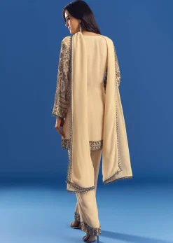 Cream Beaded Kurta Dupatta Set With Georgette Pant