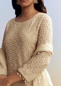 Cream Beaded Kurta Set with Dupatta