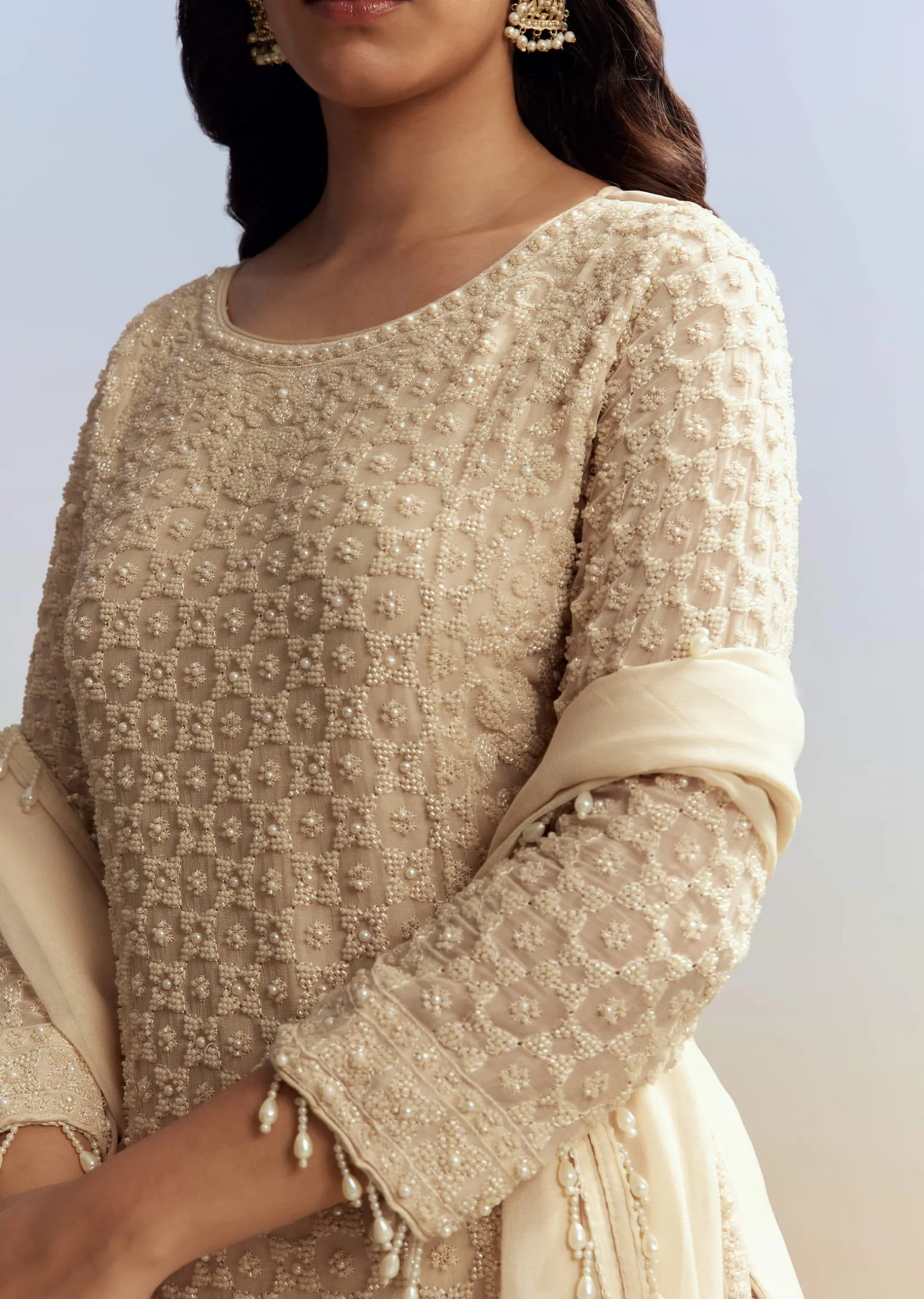 Cream Beaded Kurta Set with Dupatta