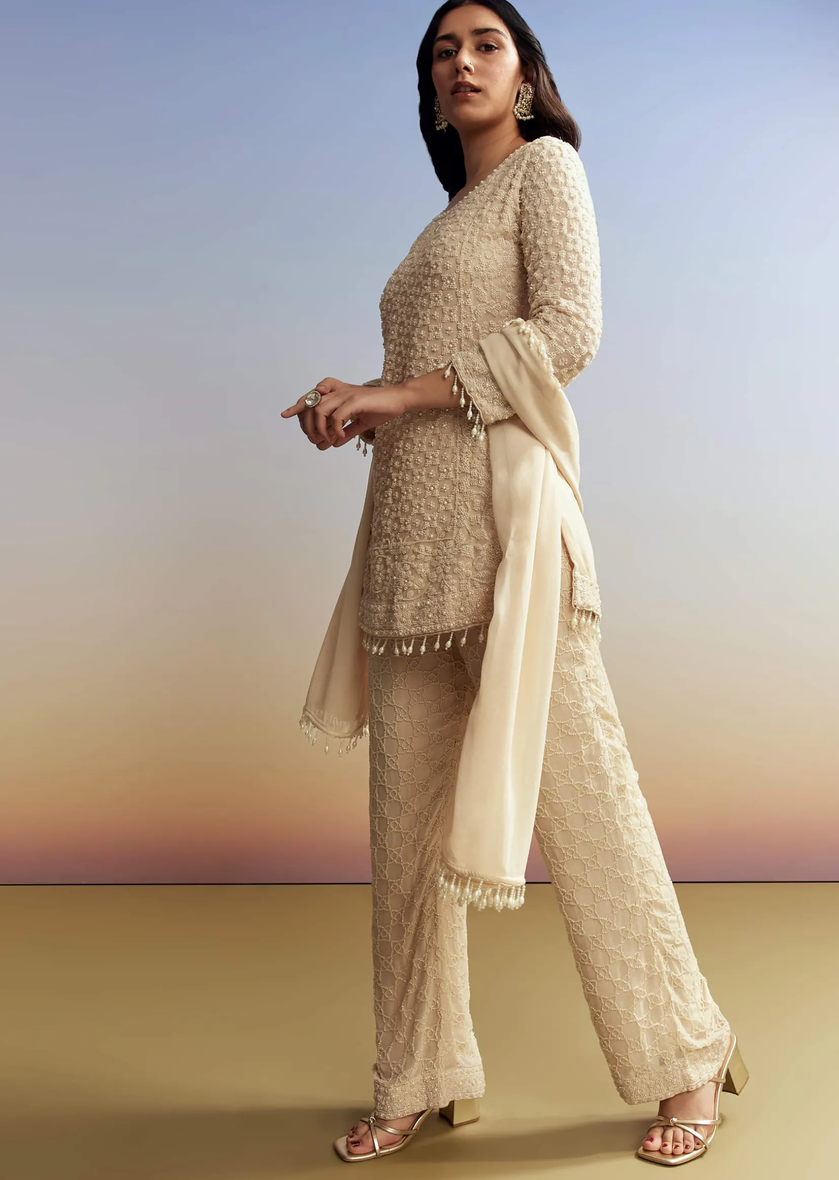 Cream Beaded Kurta Set with Dupatta