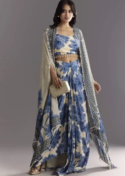 Cream Blue Floral Printed Croptop Skirt With Tassel Bordered Cape