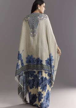 Cream Blue Floral Printed Croptop Skirt With Tassel Bordered Cape
