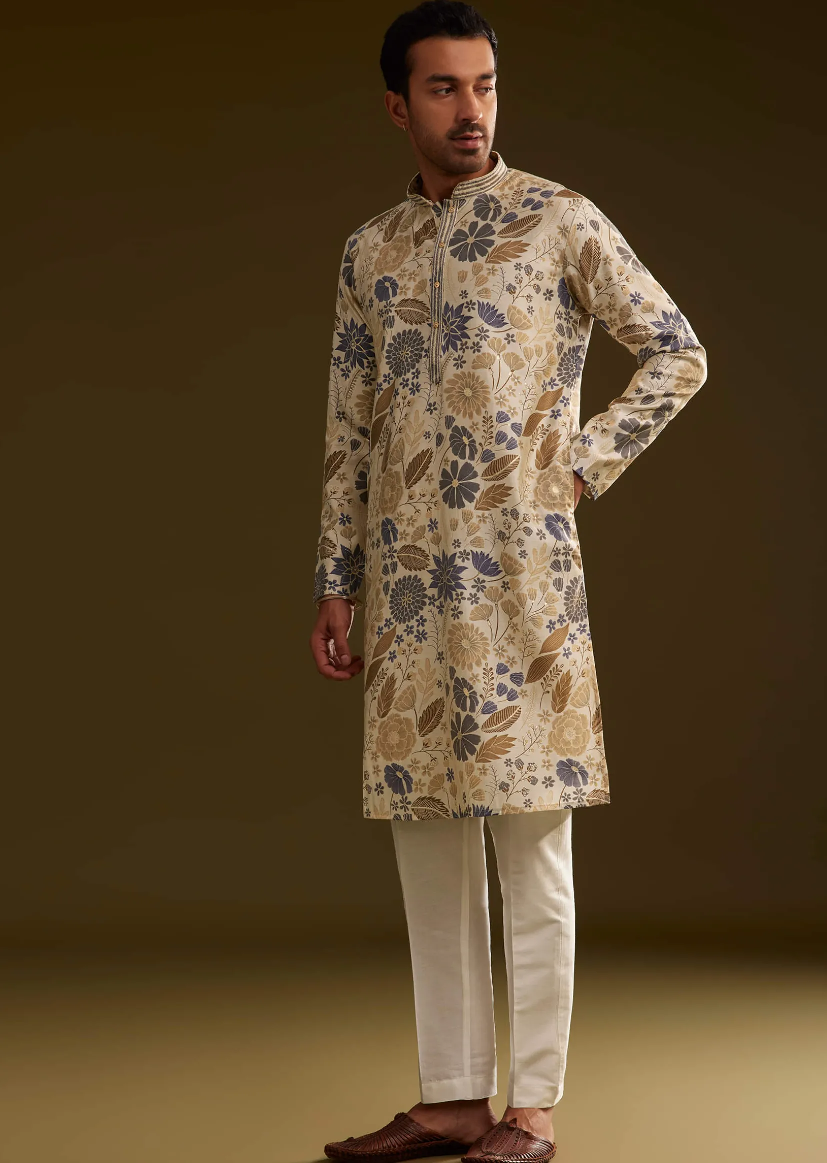 Cream Blue Silk Floral Printed Kurta Set