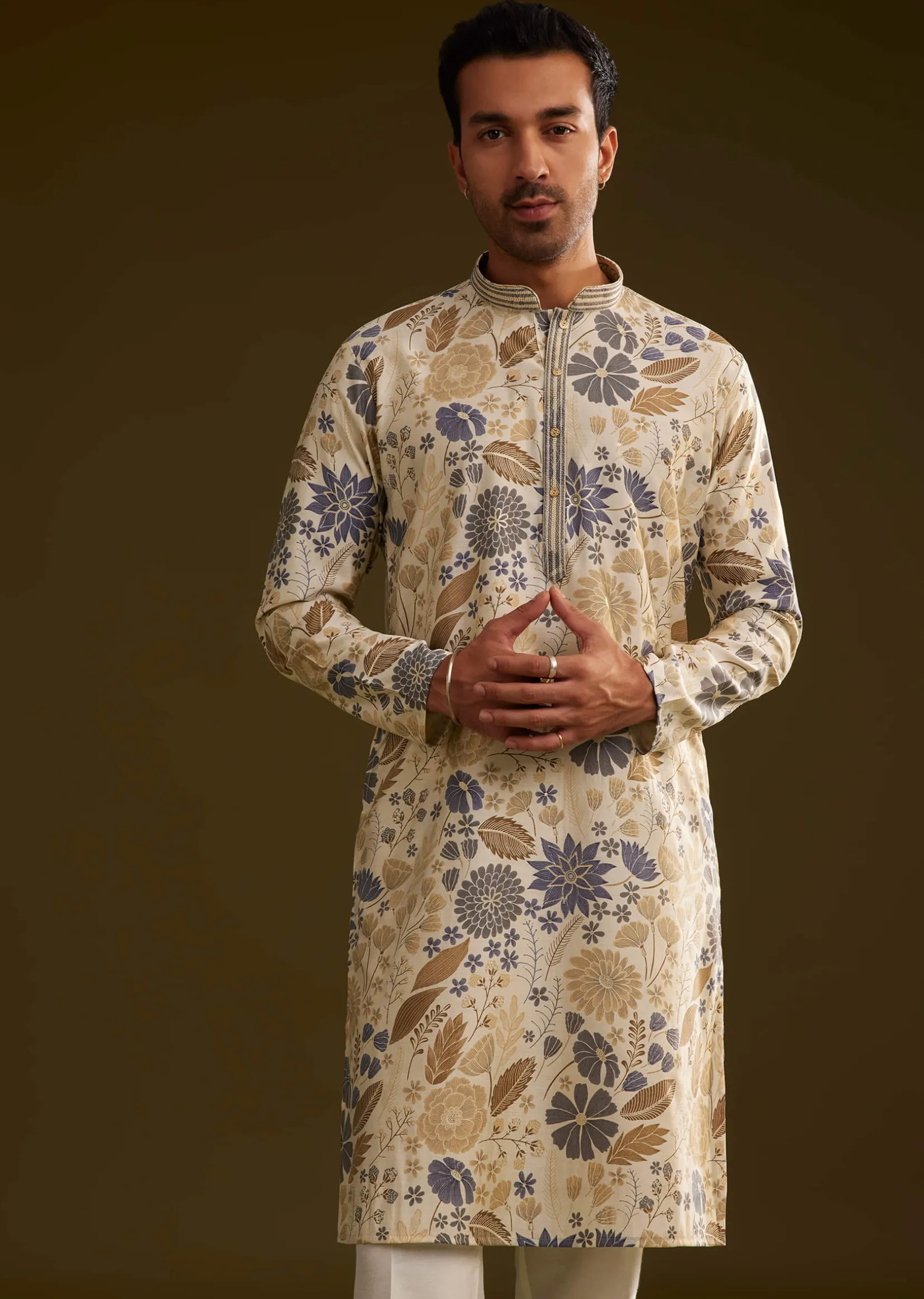 Cream Blue Silk Floral Printed Kurta Set