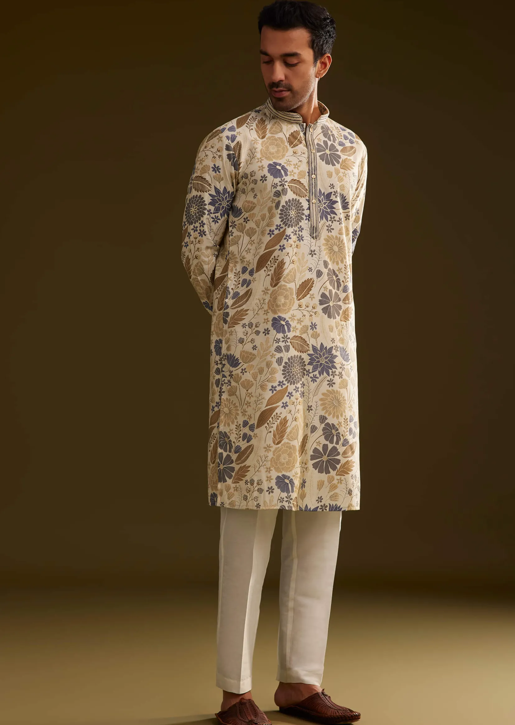 Cream Blue Silk Floral Printed Kurta Set
