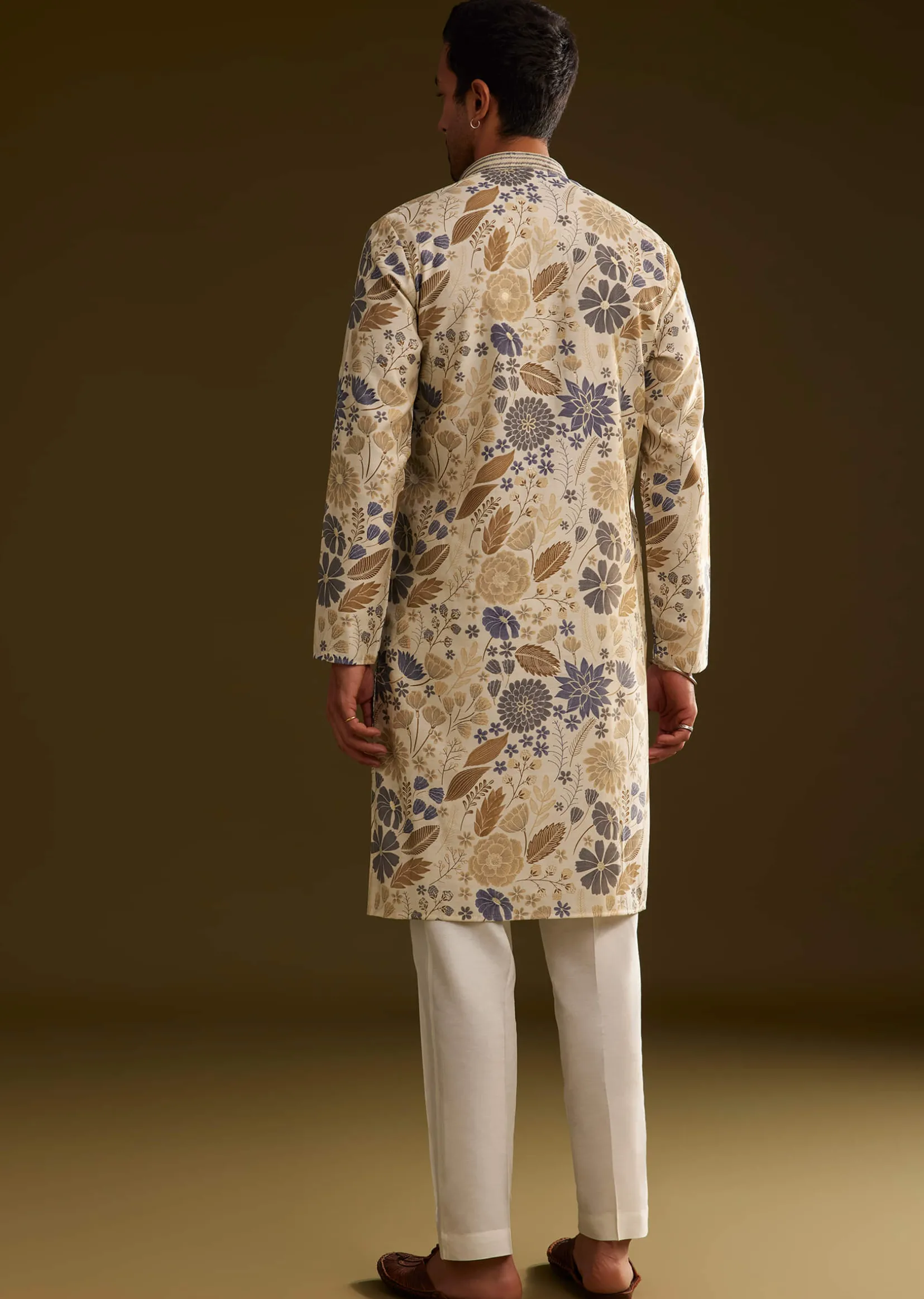 Cream Blue Silk Floral Printed Kurta Set